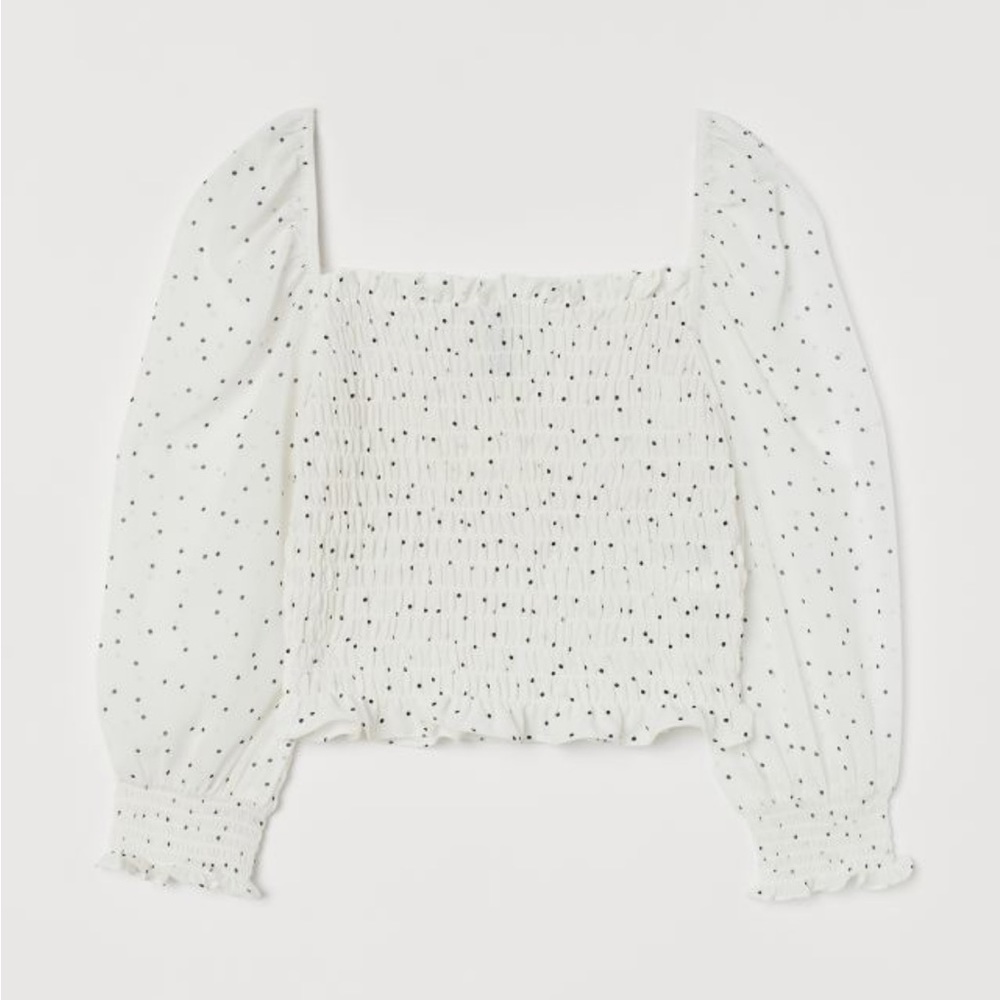 H&M smocked chiffon top white dotted size M